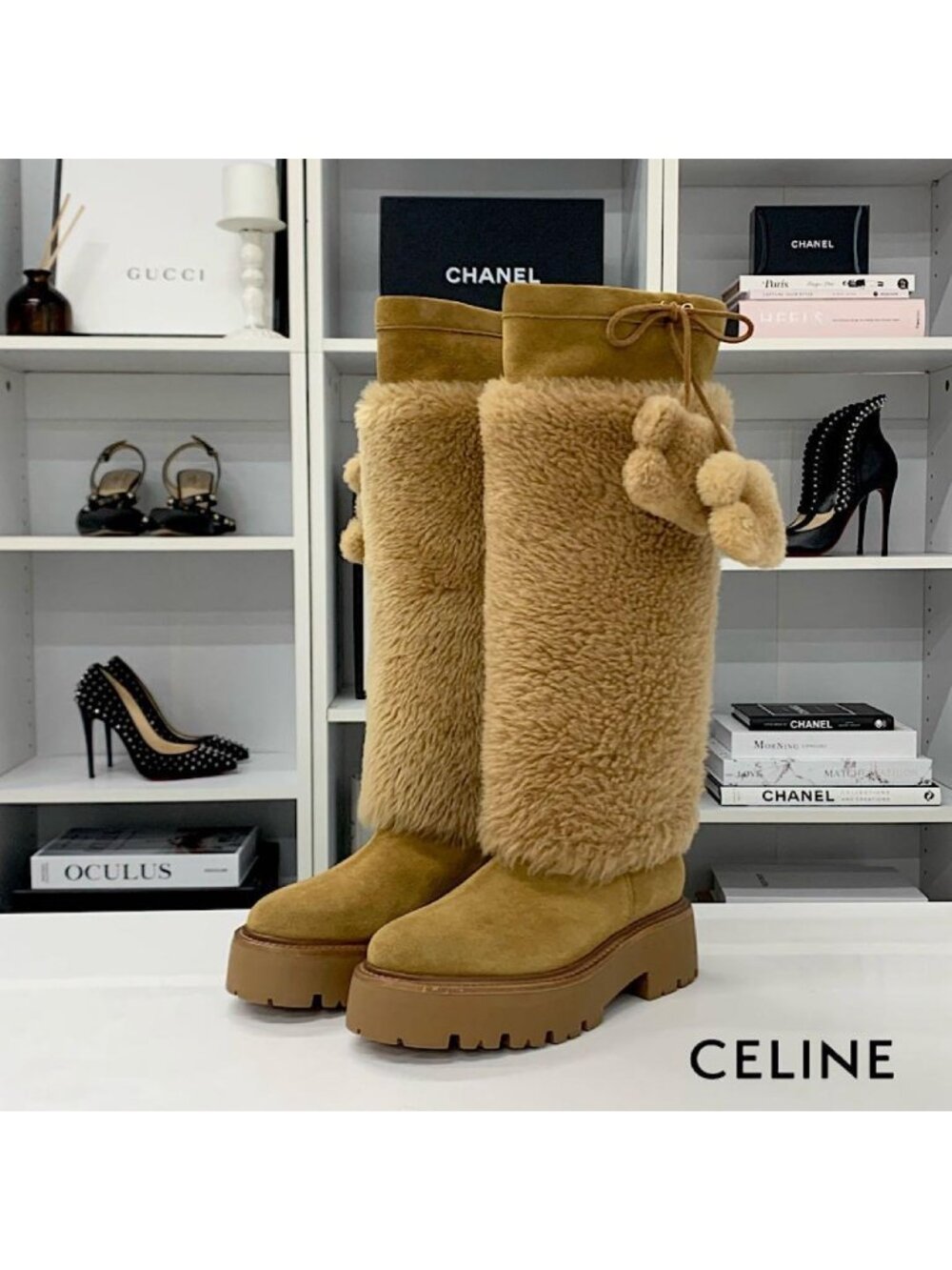 Celine Triomphe Suede Shearling Charm Long Boots Brown